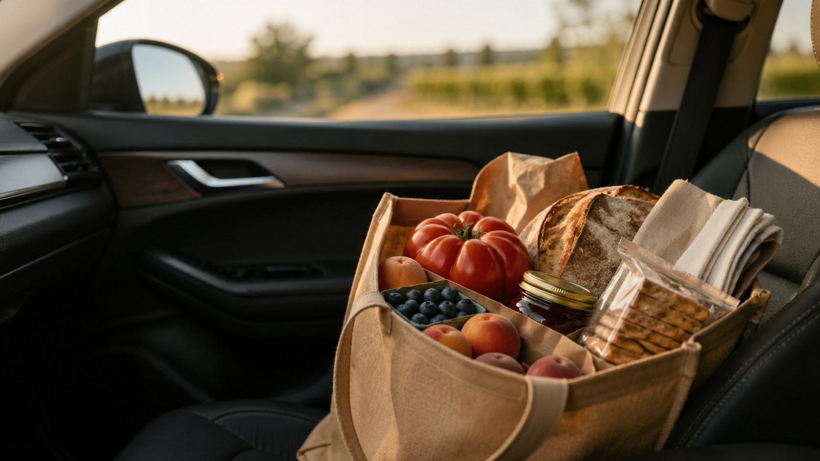 A market bag filled with fresh picnic food, tomatoes, baked goods and local provisions for a Lake Erie North Shore winery day.