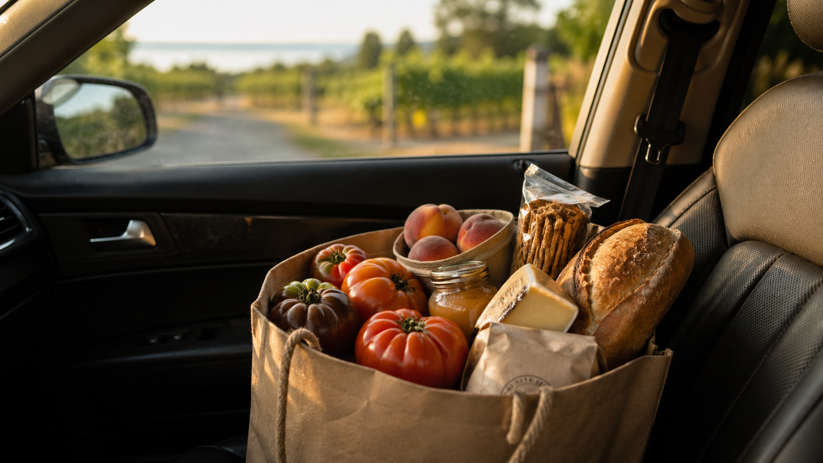 A market bag filled with fresh picnic food, tomatoes, baked goods and local provisions for a Lake Erie North Shore winery day.
