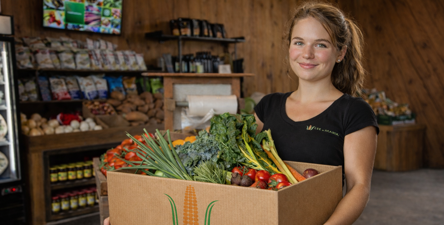 Person holding a box of fresh vegetables with Lee & Maria logo in a store setting
