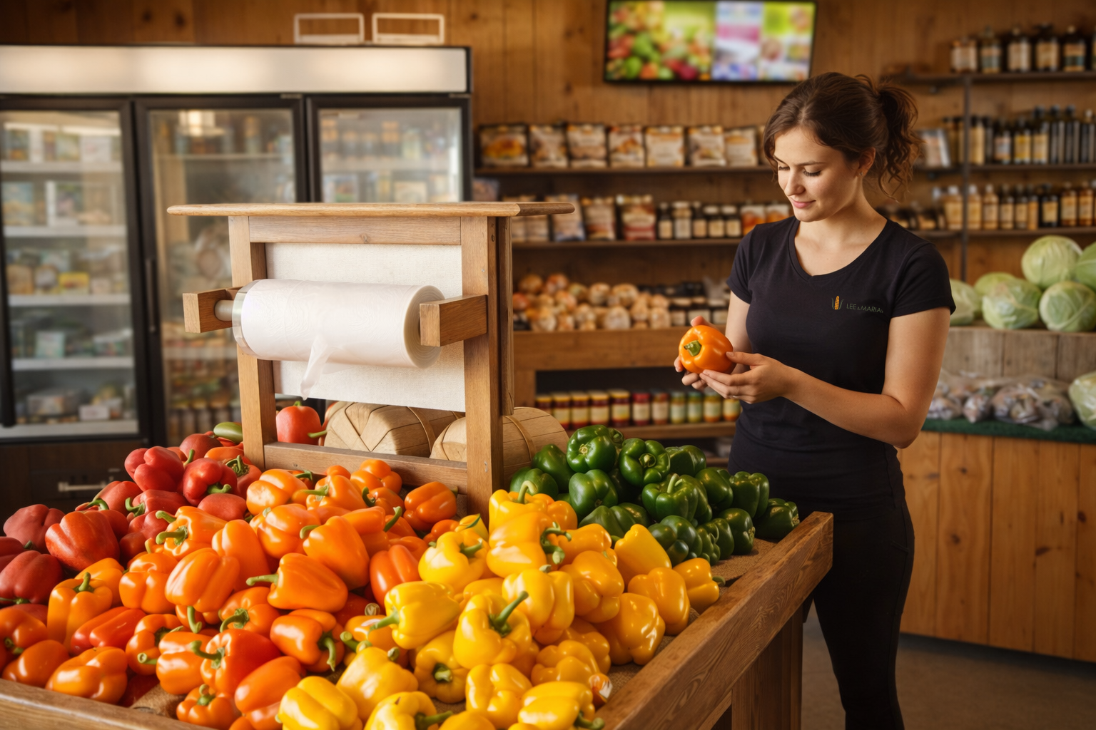 Woman selecting peppers at a grocery store produce section
