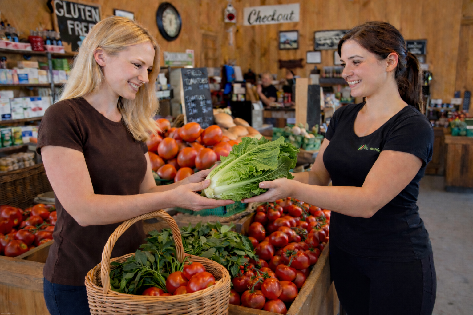 Two women in a grocery store with a basket of vegetables