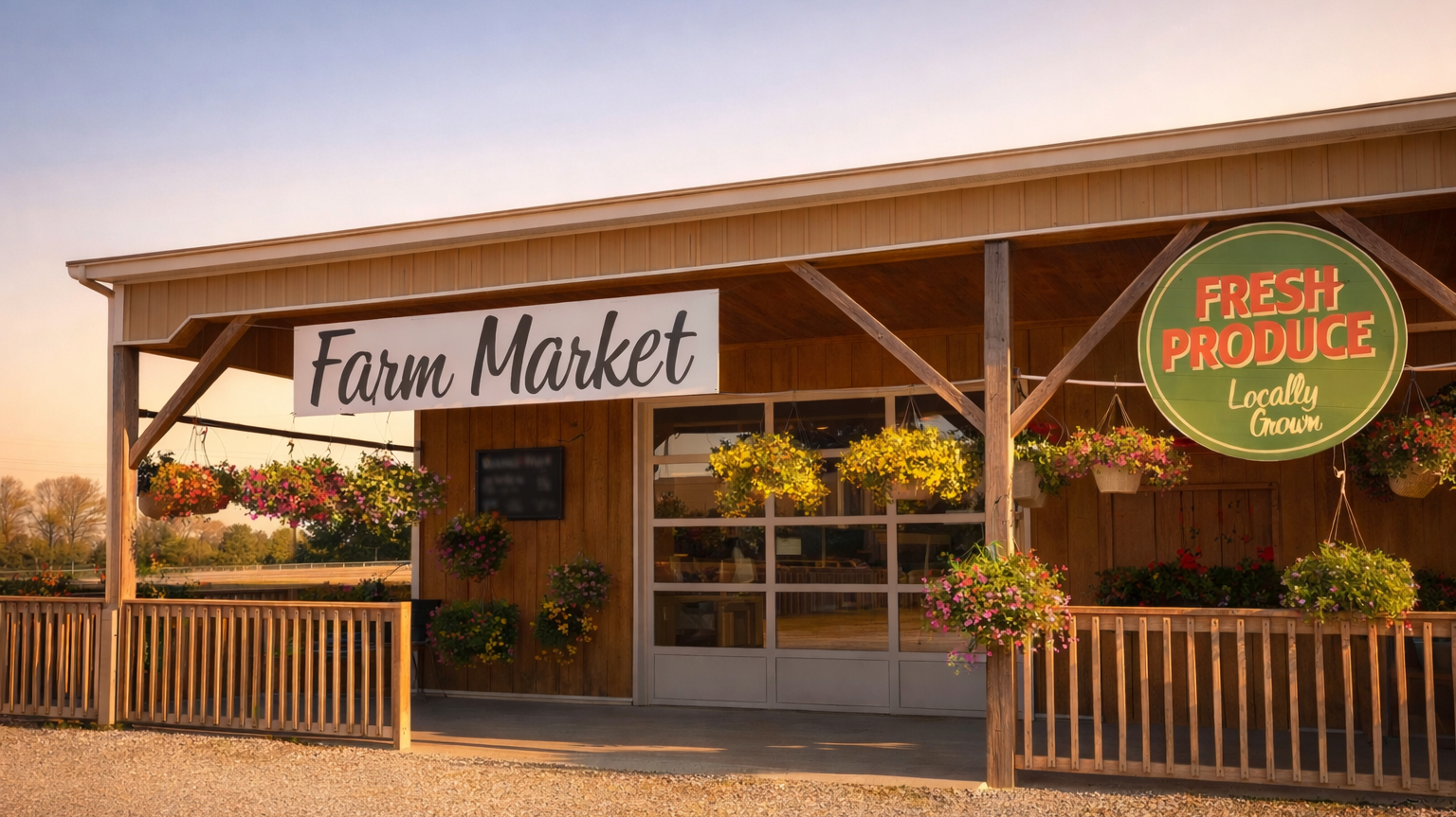Farm market building with 'Farm Market' sign and 'Fresh Produce Locally Grown' sign.