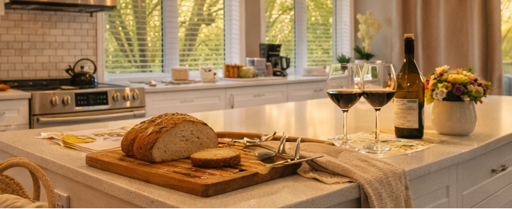 Loft kitchen with a chandelier, bread on a cutting board, wine glasses, and a bottle.