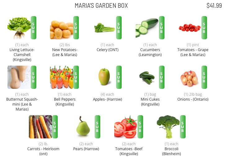Product listing for 'Maria's Garden Box' with images and names of various vegetables and fruits.