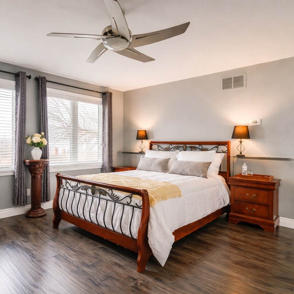 Bedroom with wooden bed, nightstands, and large windows.