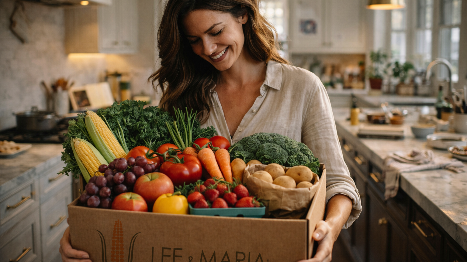 Woman holding a box of fresh produce in a kitchen with 'Lee & Maria' branding.