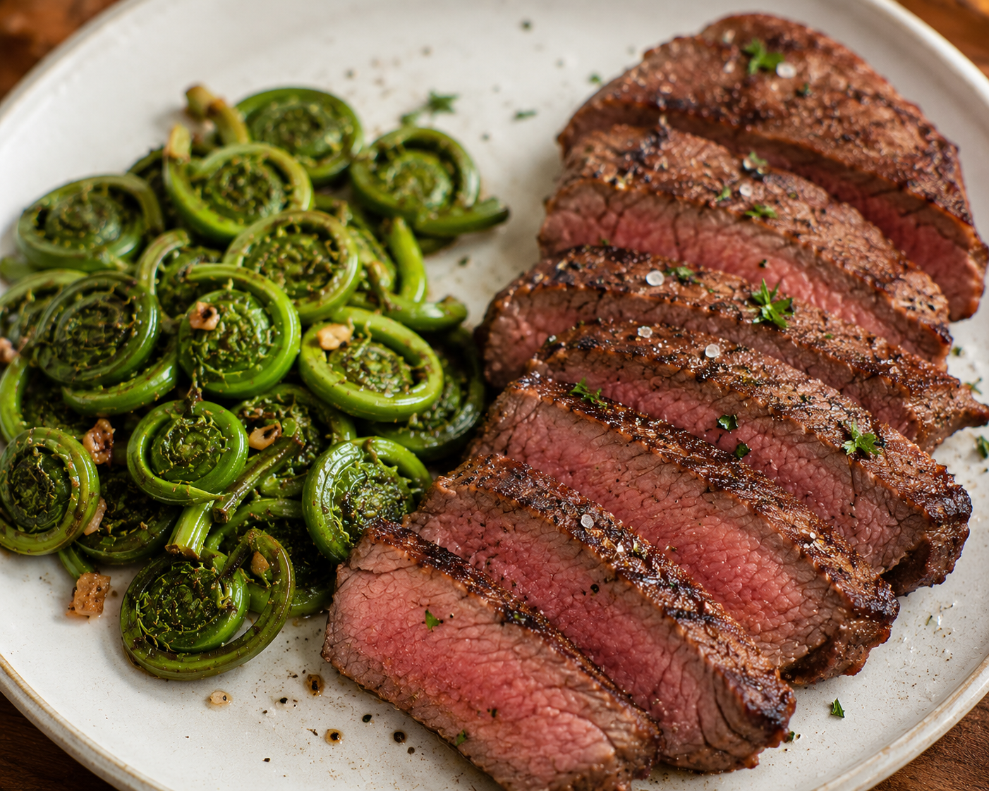 Garlic Butter Fiddleheads with Pan-Seared Steak
