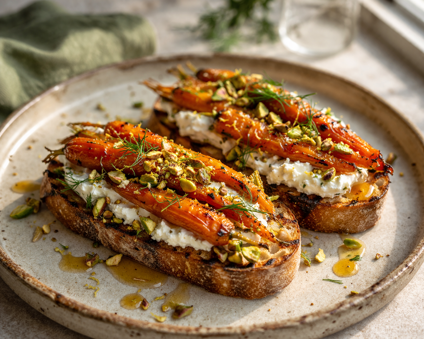 Roasted Carrot, Whipped Feta & Pistachio Toasts