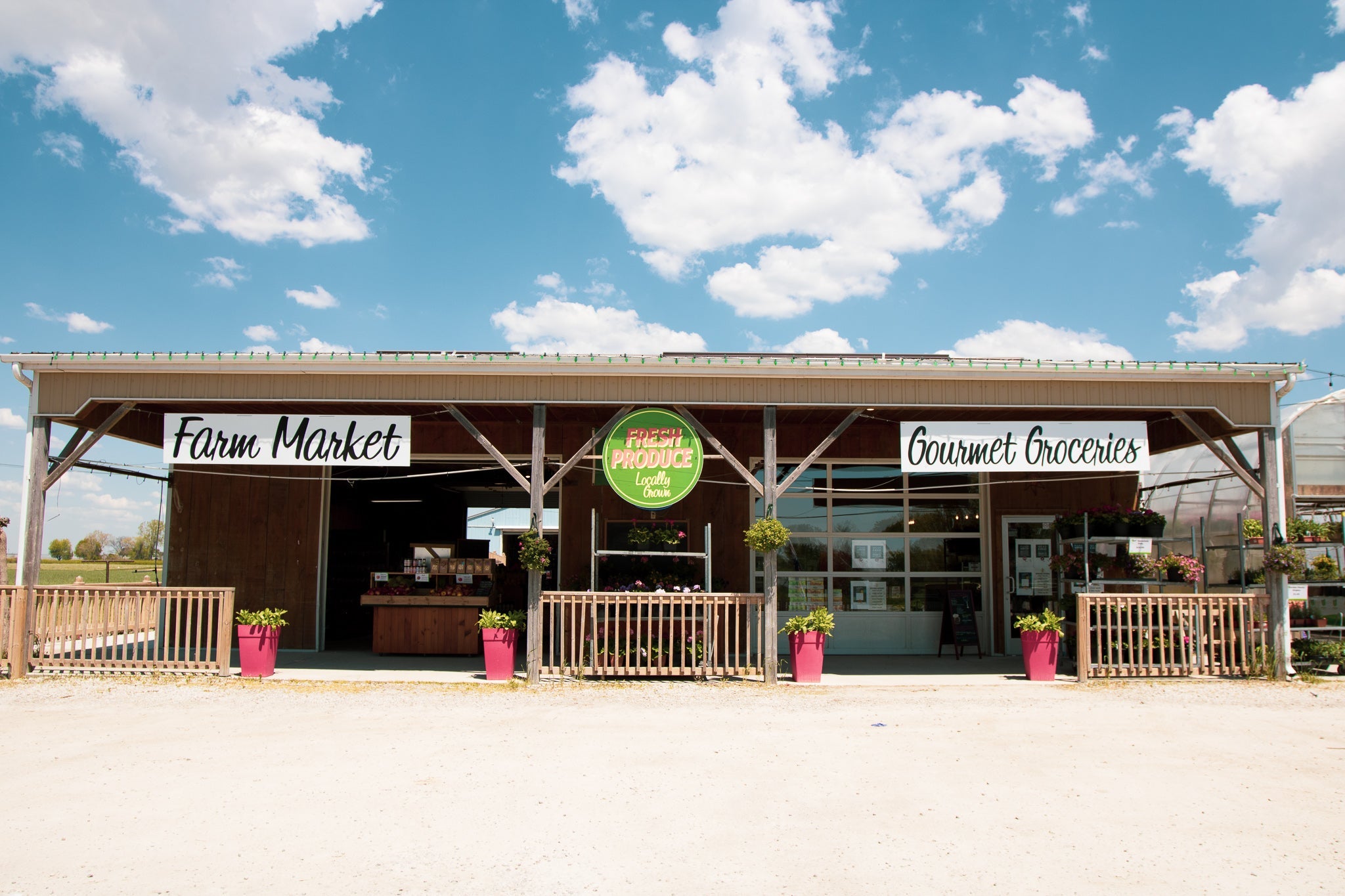 farm market frontage with beautiful blue sky