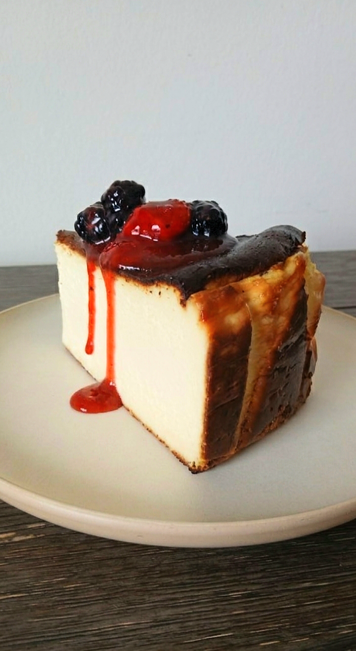 Moreish Outpost, Basque Cheesecake w/Balsamic Roasted Strawberry & Blackberry Compote Moreish Outpost