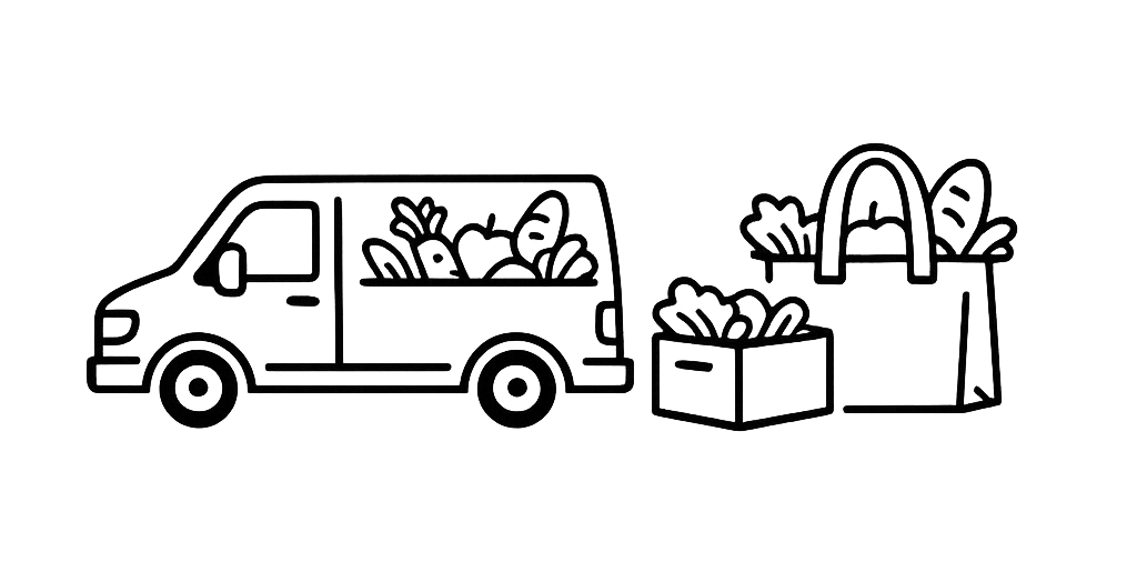 Illustration of a van with groceries and shopping bags on a white background