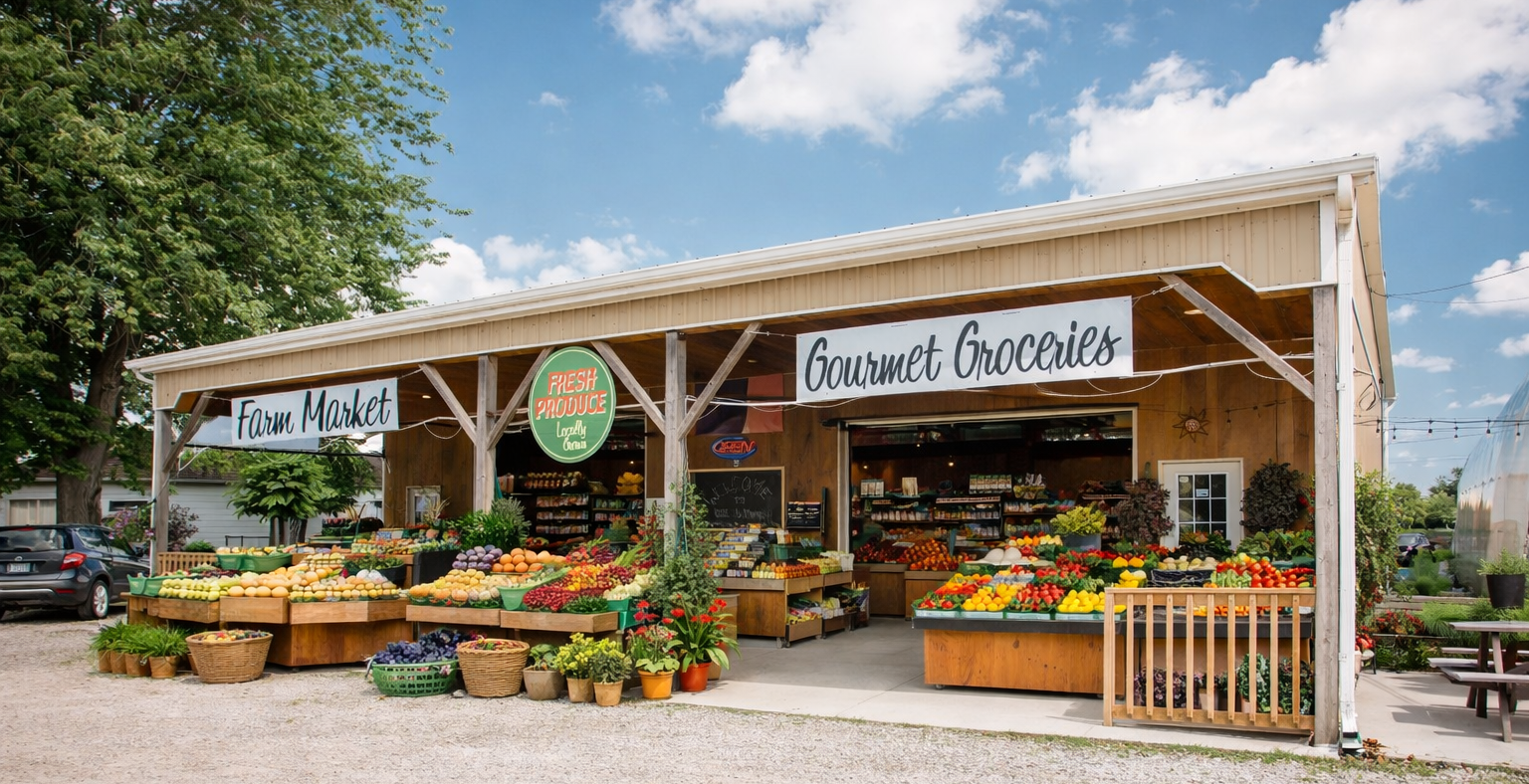 Farm market with a variety of fruits and vegetables under a covered outdoor area.