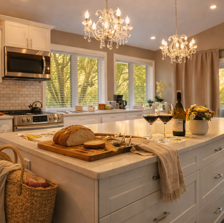 Modern kitchen with white cabinets, a chandelier, and a view of trees outside.