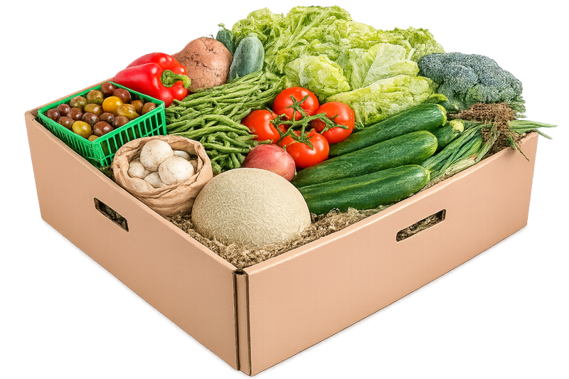 Cardboard box filled with a variety of fresh vegetables on a white background