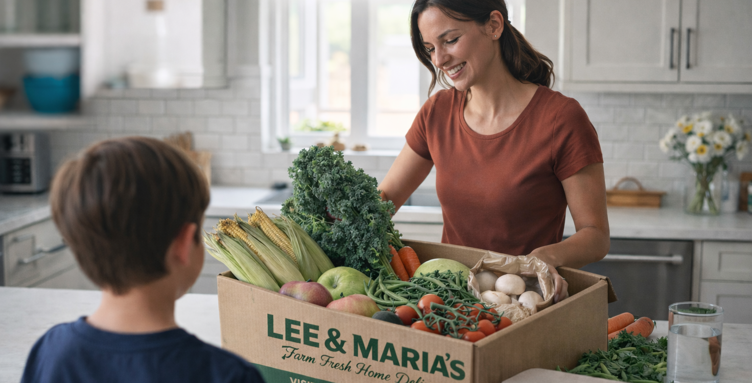 Woman and child with a box of fresh produce from Lee & Maria's in a kitchen.