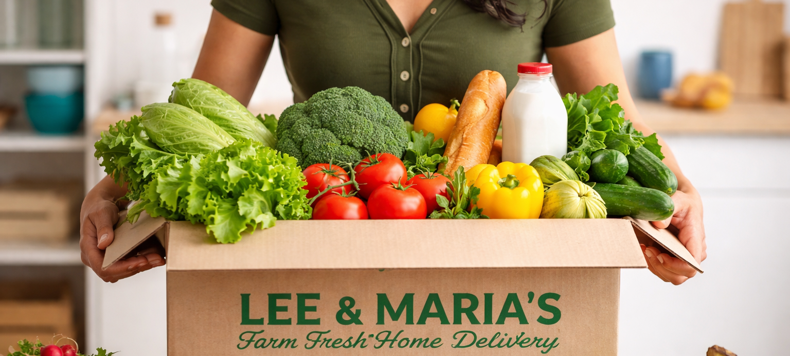 Person holding a box of fresh produce with Lee & Maria's branding in a kitchen setting.