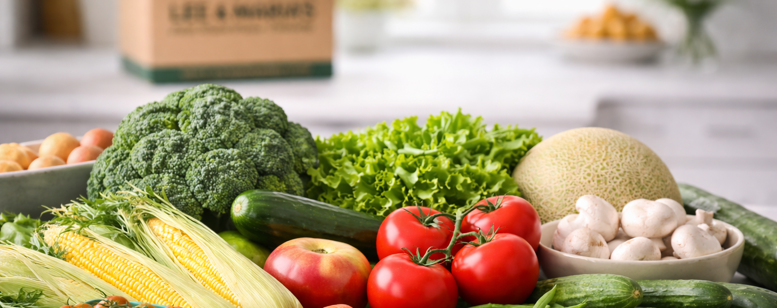Assorted fresh vegetables on a kitchen counter with a Lee & Maria's bag in the background.