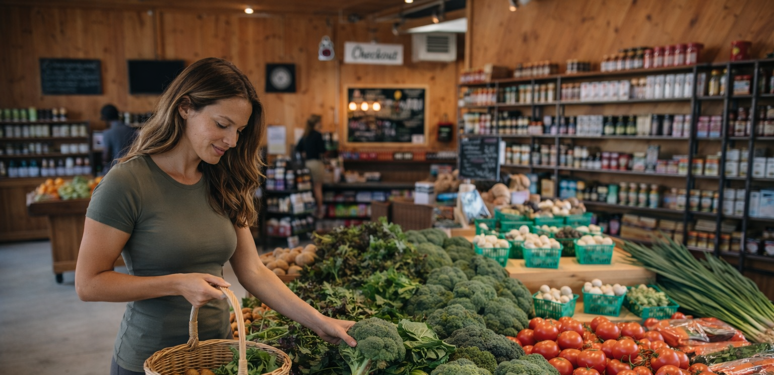 Woman shopping for vegetables in a grocery store with a basket.