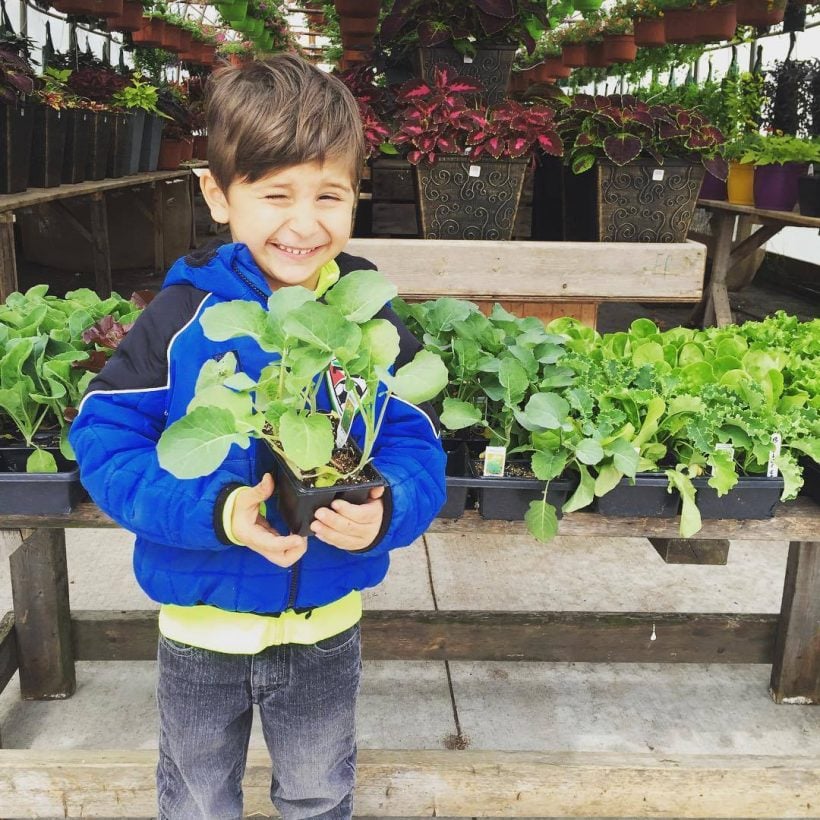 Child showing off fresh garden plants